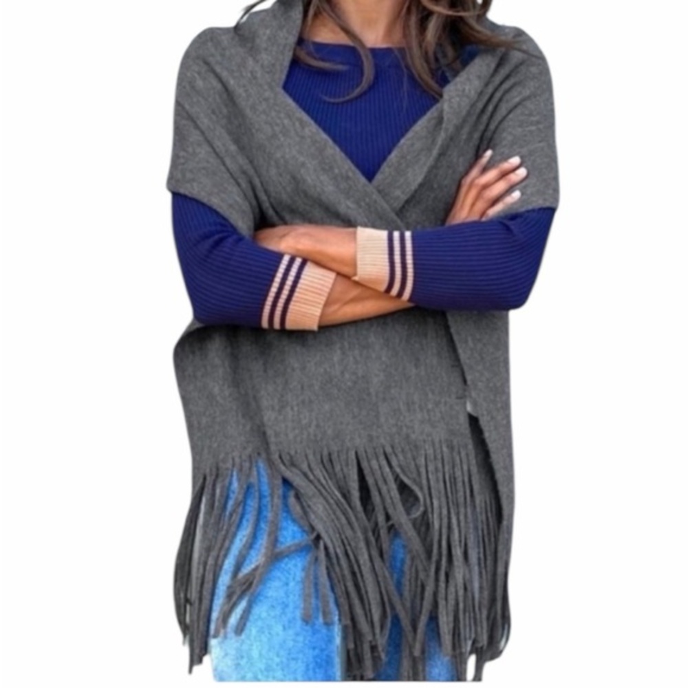 NWT $69 Lucky Brand Charcoal Fringe Wide Scarf Unisex Neck  wrap Grey New